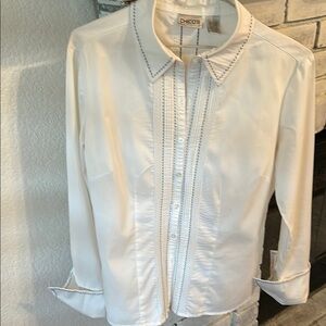 Chico's White Button-Up Shirt with Black Stitching